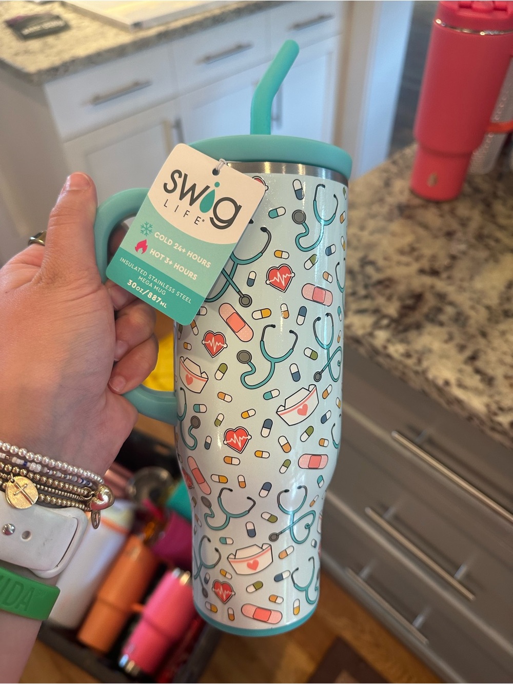 Swig Life Teal Medical Pattern Travel Tumbler with Straw Handle